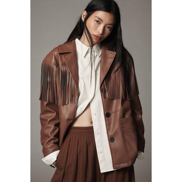 Avec Les Filles for Anthropologie Fringe Faux Leather Shacket XS - Picture 2 of 14